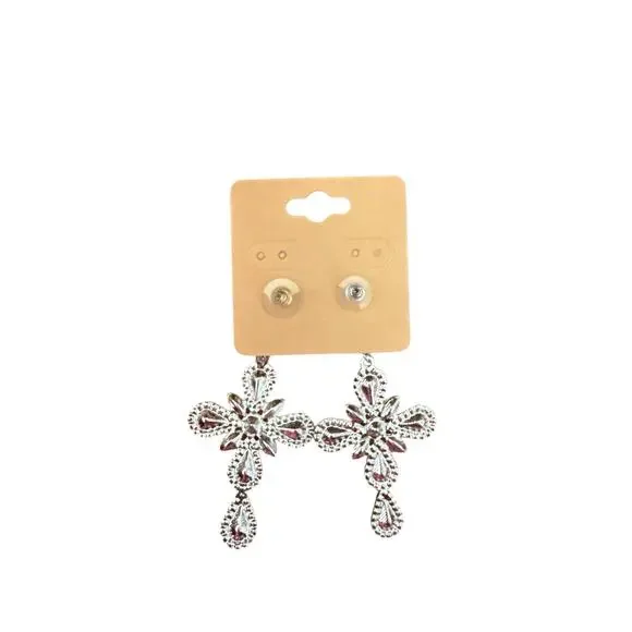 Fashion Nova Goddess of Grace Large Cross Glam Earrings in Silver - Picture 3 of 4